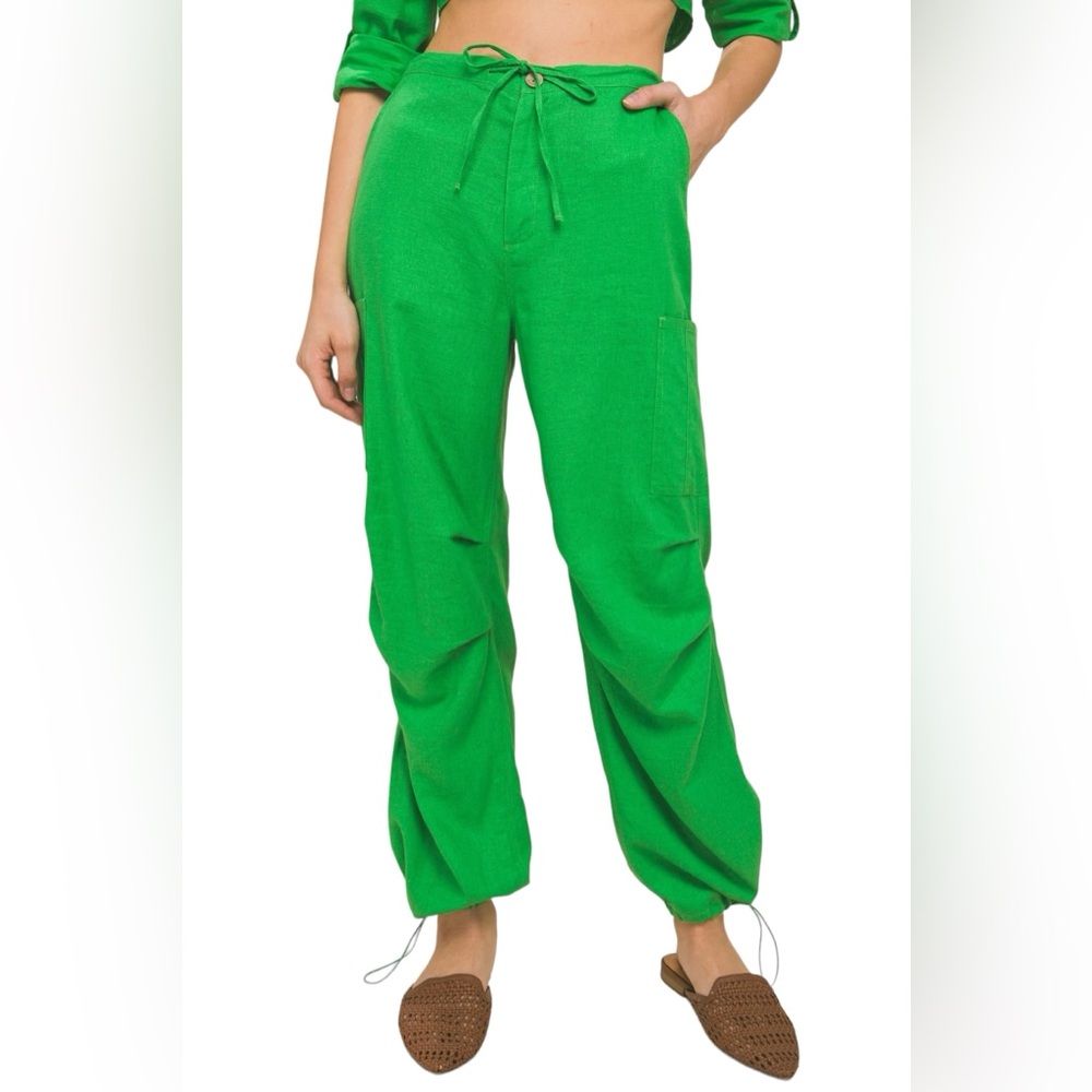 NWT Love Tree Green Linen blend Cargo Tie front Pants -